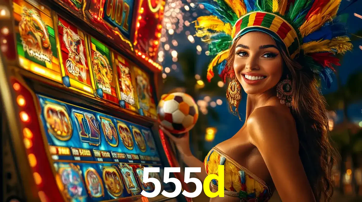 Mulher com um cocar de carnaval ao lado de uma máquina de caça-níqueis enquanto segura uma bola de futebol, mostrando a união da diversão de cassino e esportes no 555d.