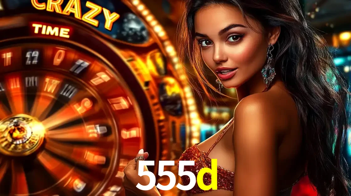 Mulher ao lado da roda de prêmios do jogo de cassino ao vivo Crazy Time, um dos shows de jogos mais emocionantes oferecidos pela plataforma de apostas 555d.