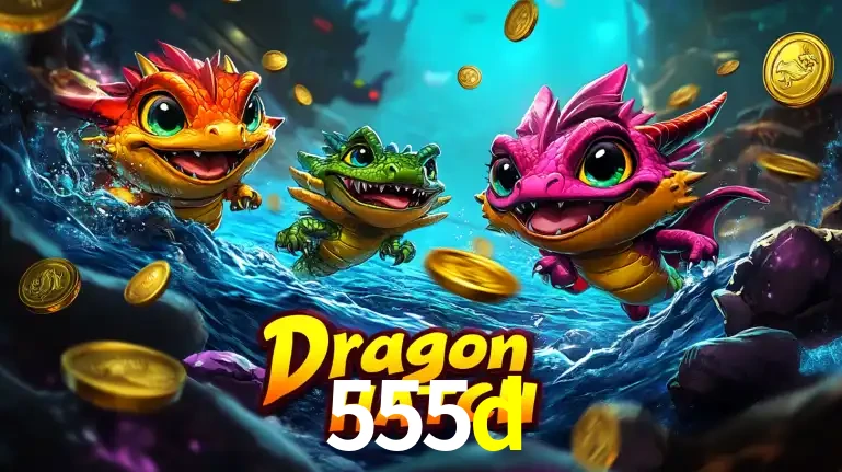 Arte promocional do jogo Dragon Hatch com três adoráveis dragões bebês nadando entre moedas de ouro, um dos slots mais divertidos para jogar no cassino 555d.