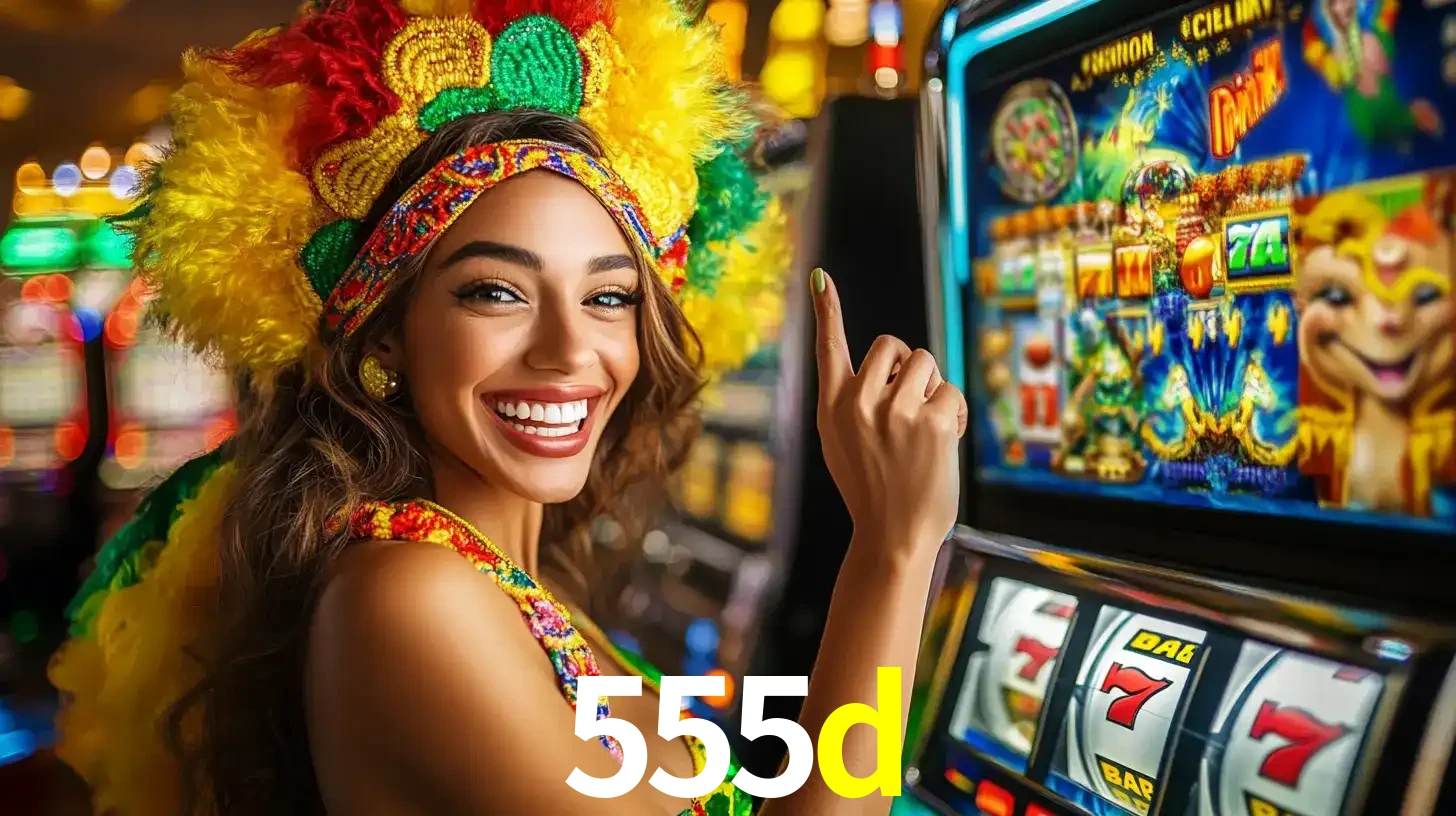 Mulher animada com um cocar de carnaval apontando para uma máquina de caça-níqueis, mostrando a emoção de ganhar um grande prêmio nos jogos do 555d.