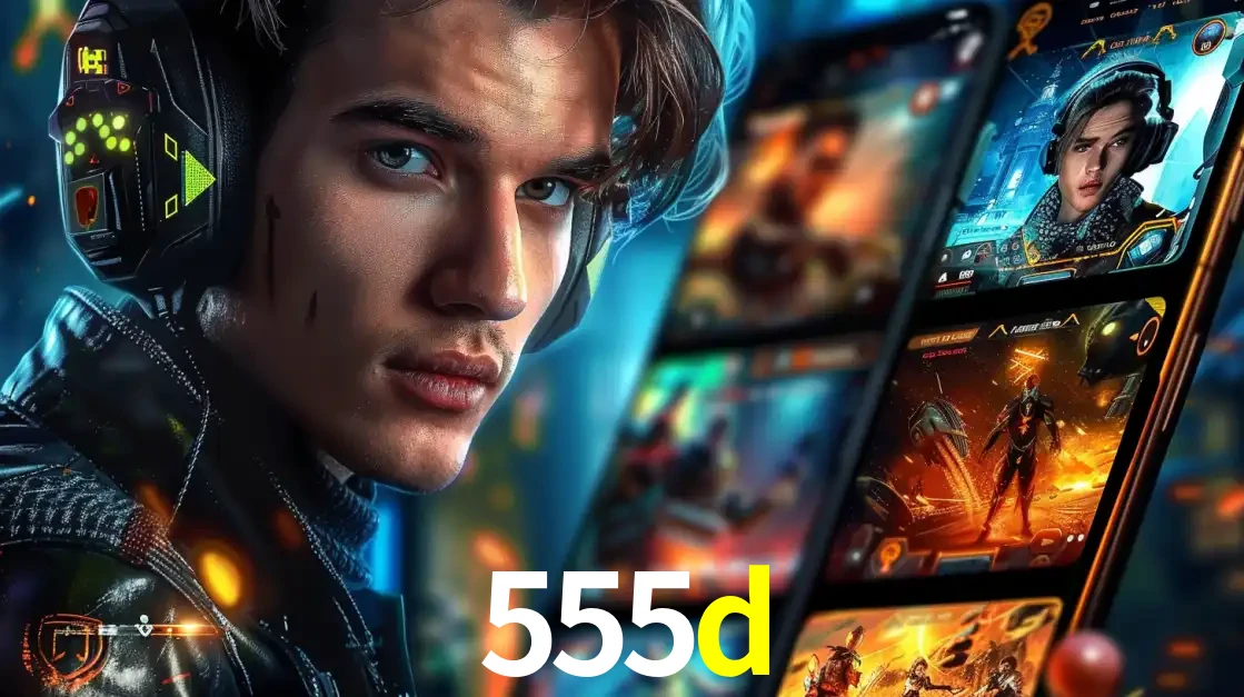 Jovem jogador com fones de ouvido olhando para a câmera, com um aplicativo de jogos e e-sports para celular ao fundo, pronto para a competição e apostas no 555d.