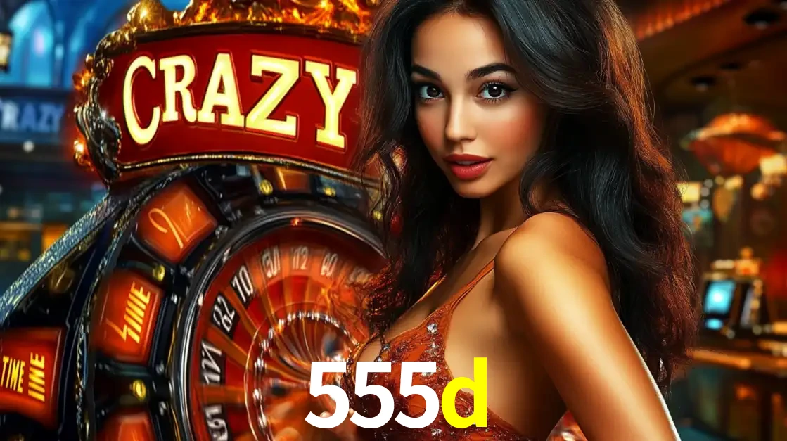 Mulher glamourosa olhando para a câmera com a roda vermelha do Crazy Time ao fundo em um ambiente de cassino, destacando a emoção dos jogos ao vivo no 555d.