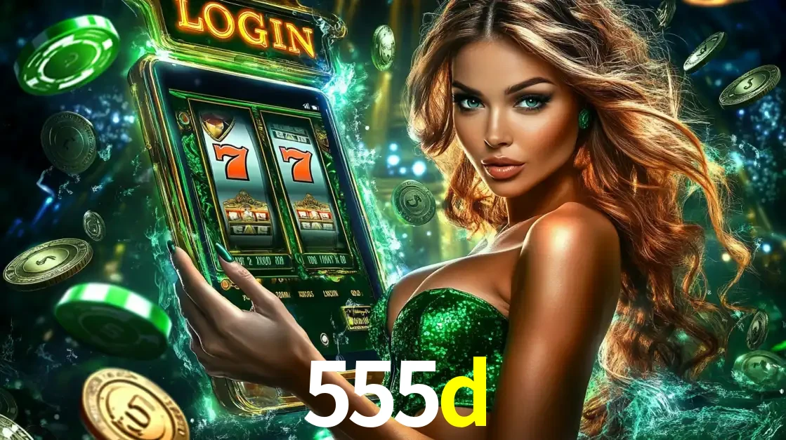 Mulher com tema verde apresentando o aplicativo do cassino 555d com um jogo de slot de 777, cercada por fichas de cassino e uma aura de sorte.