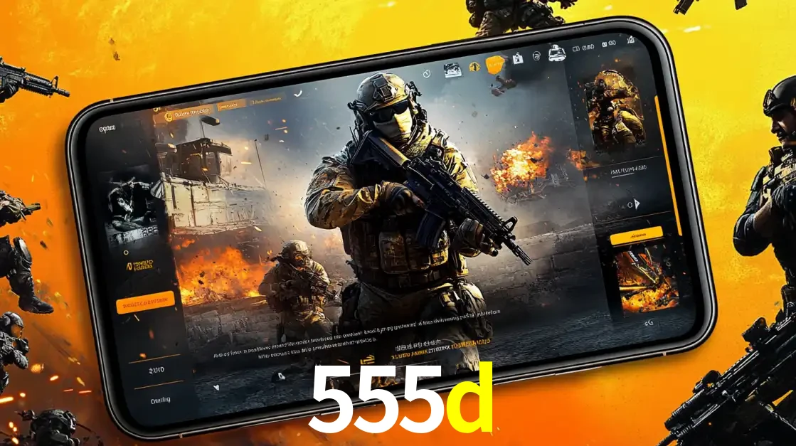 Um smartphone exibindo a interface de um jogo de tiro em primeira pessoa, com um soldado em um cenário de batalha, representando a ação dos e-sports para apostar no 555d.