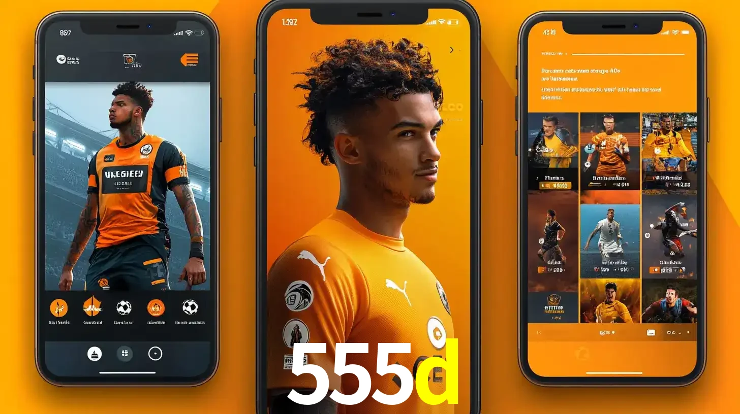 Interface do aplicativo de apostas esportivas 555d em três telas de celular, mostrando o perfil de um jogador de futebol e a lista de jogos disponíveis para apostar.