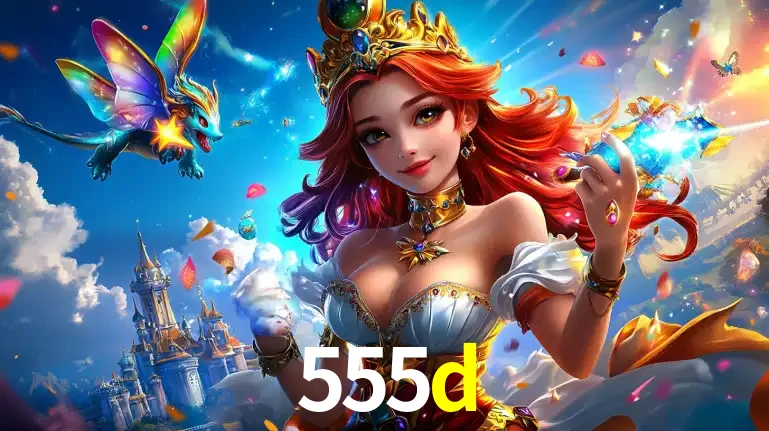 A princesa de um reino de fantasia mágico, com seu pequeno dragão, apresentando um mundo de prêmios encantados nos jogos de caça-níqueis do cassino 555d.