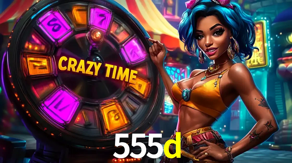 Mulher estilizada com cabelo azul e visual vibrante posando ao lado da roda de prêmios do game show Crazy Time, convidando para a diversão e os bônus do cassino 555d.