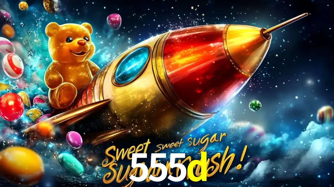 Arte promocional do jogo de slot Sugar Rush, com um urso de pelúcia em um foguete viajando pelo espaço de doces, um dos jogos divertidos disponíveis no cassino 555d.