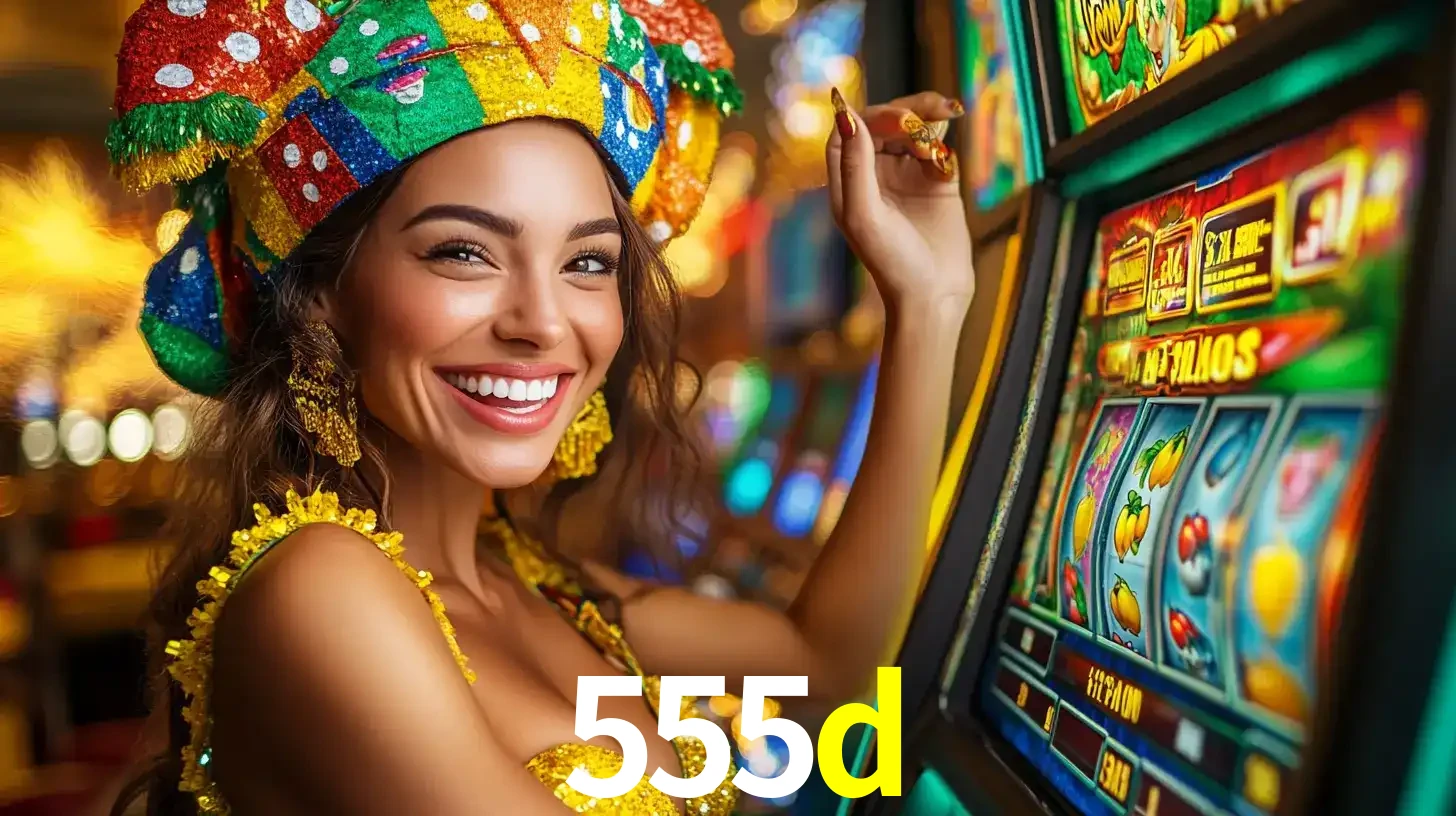Mulher feliz com traje de carnaval amarelo e colorido ao lado de uma máquina de caça-níqueis, aproveitando a diversão e os jogos temáticos do cassino 555d.