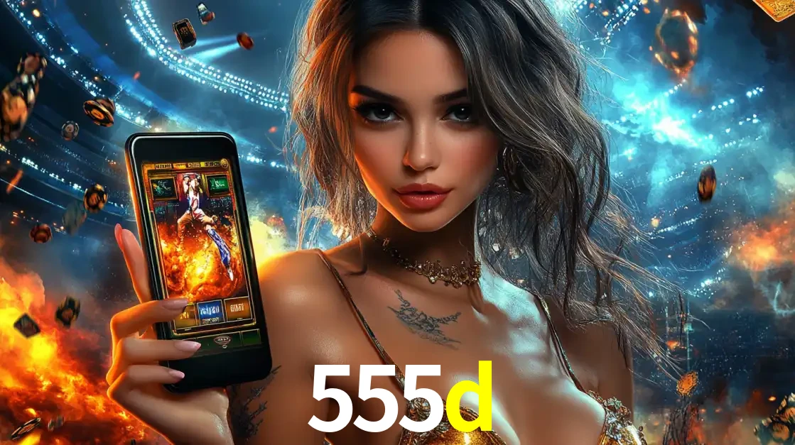 Mulher segurando um celular com um jogo de slot em destaque, tendo como fundo um estádio vibrante, simbolizando a emoção de jogar no cassino móvel 555d.