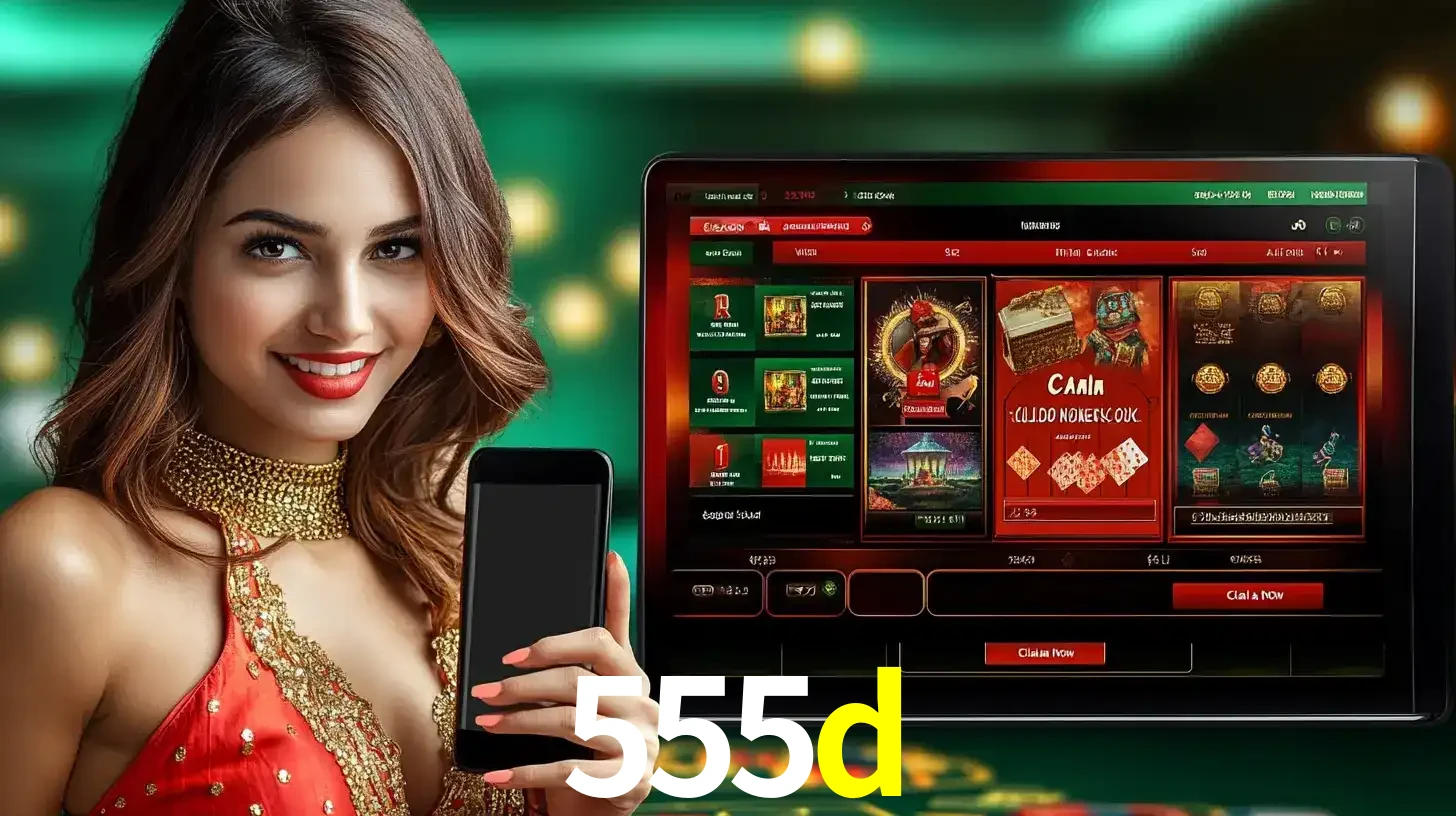 Mulher sorridente segurando um smartphone, ao lado de uma tela exibindo o lobby de jogos do cassino online 555d, com várias opções de jogos de cartas e slots.